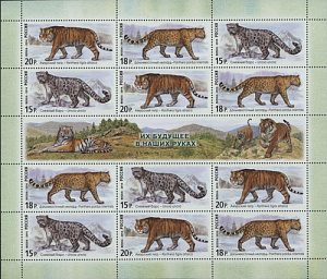 Россия, 2014, Фауна России,  Большие Дикие кошки, 3 марки х 4 в листе